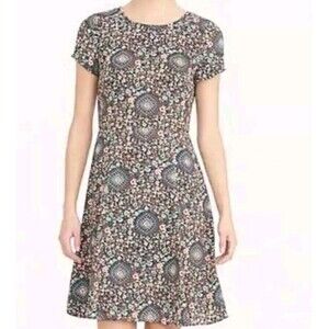 J. Crew Short Sleeve Flutter Dress Size 8 Style H5402 Navy Blue Floral Medallion